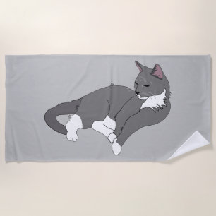 Gray & White Tuxedo Cat Beach Towel