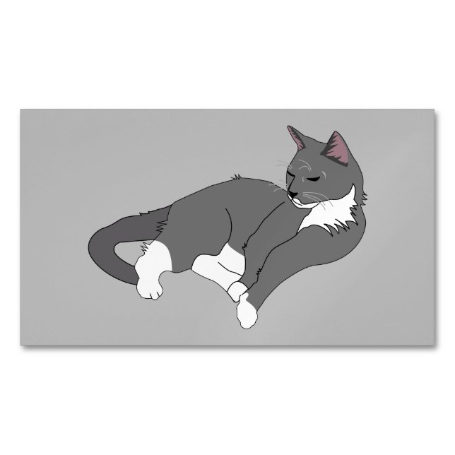 Gray & White Tuxedo Cat Business Card Magnet (Front)