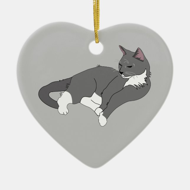 Gray & White Tuxedo Cat Ceramic Ornament (Front)