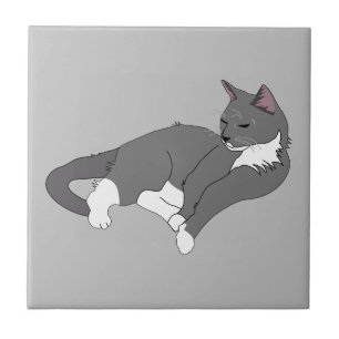 Gray & White Tuxedo Cat Ceramic Tile