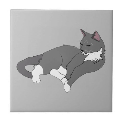 Gray  White Tuxedo Cat Ceramic Tile