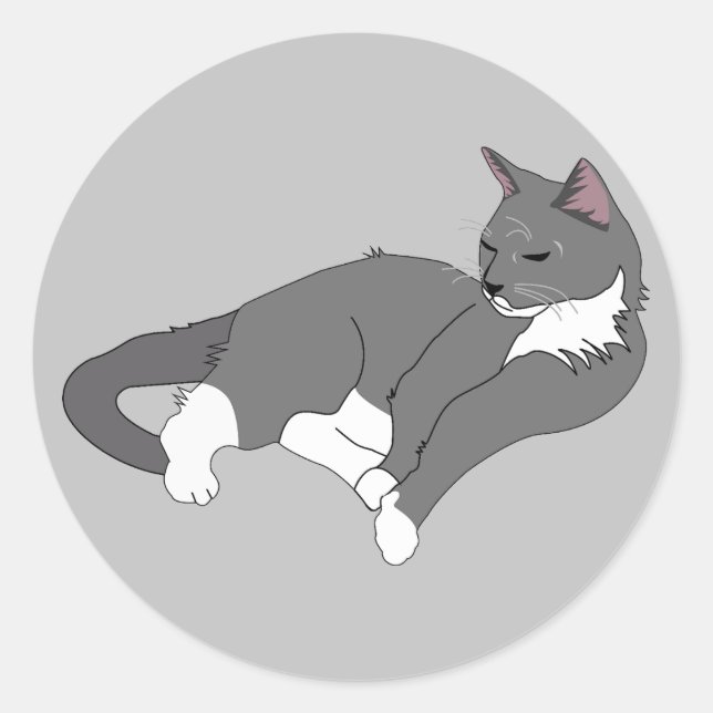 Gray & White Tuxedo Cat Classic Round Sticker (Front)