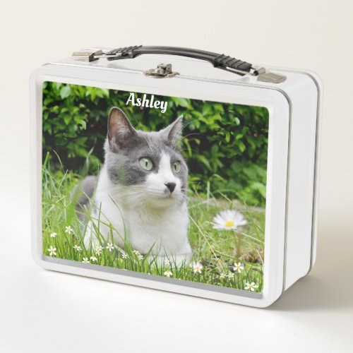 Gray  White Tuxedo Cat Custom Photo Metal Lunch Box