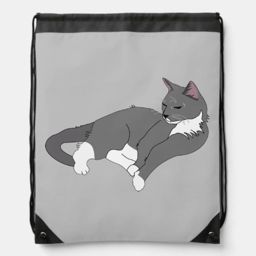 Gray  White Tuxedo Cat Drawstring Bag