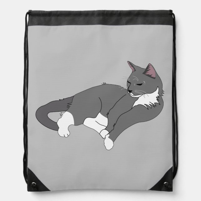 Gray & White Tuxedo Cat Drawstring Bag (Front)