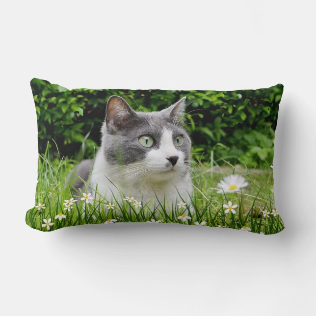 Gray & White Tuxedo Cat & Flowers Lumbar Pillow (Front)
