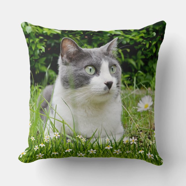 Gray & White Tuxedo Cat & Flowers Throw Pillow (Front)