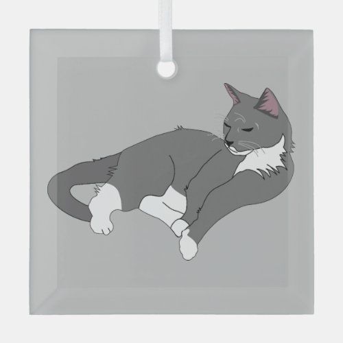 Gray  White Tuxedo Cat Glass Ornament