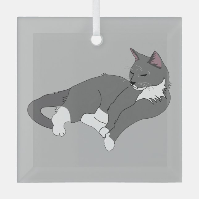 Gray & White Tuxedo Cat Glass Ornament (Front)