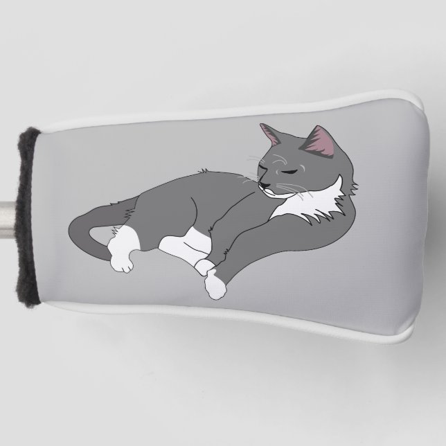 Gray & White Tuxedo Cat Golf Head Cover (Front)
