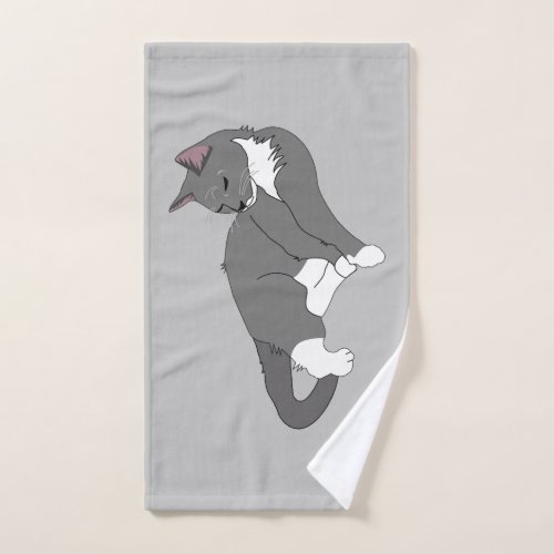 Gray  White Tuxedo Cat Hand Towel