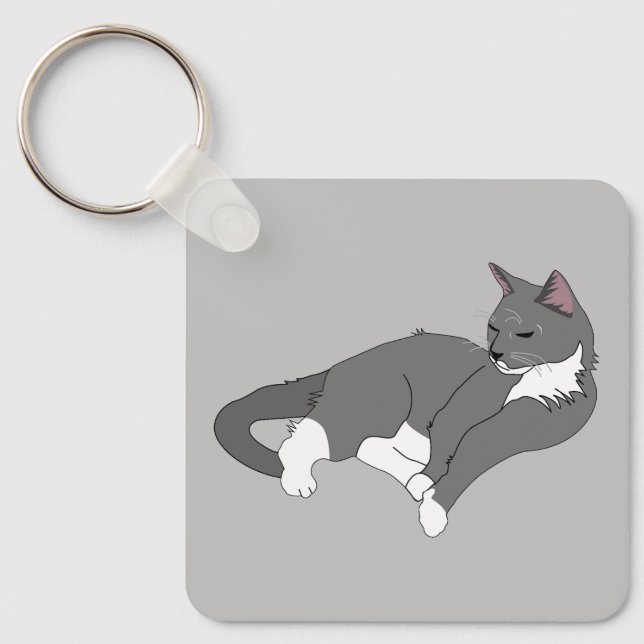 Gray & White Tuxedo Cat Keychain (Front)