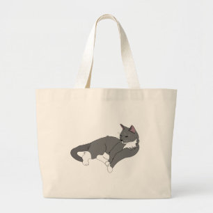 Gray & White Tuxedo Cat Large Tote Bag
