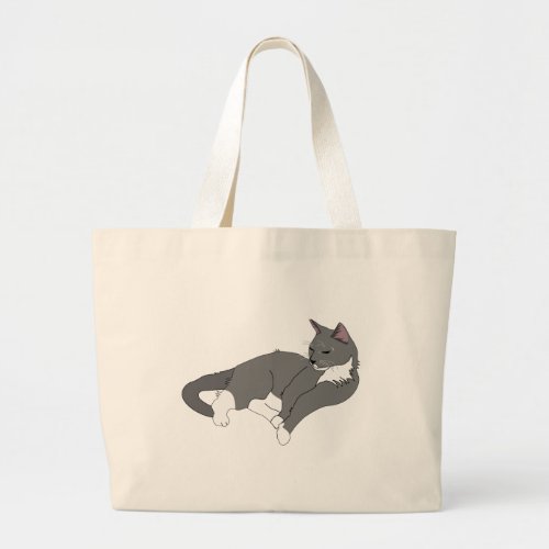 Gray  White Tuxedo Cat Large Tote Bag