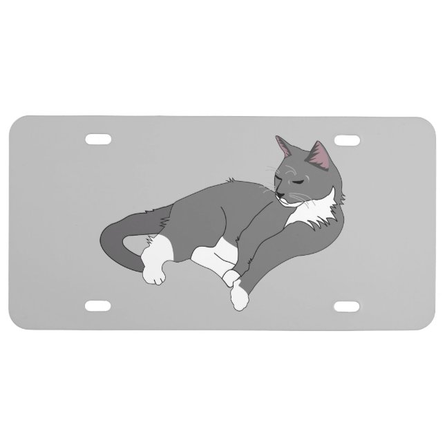 Gray & White Tuxedo Cat License Plate (Front)