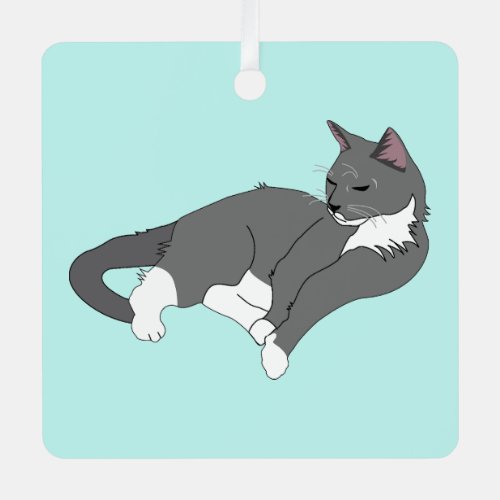 Gray  White Tuxedo Cat Metal Ornament