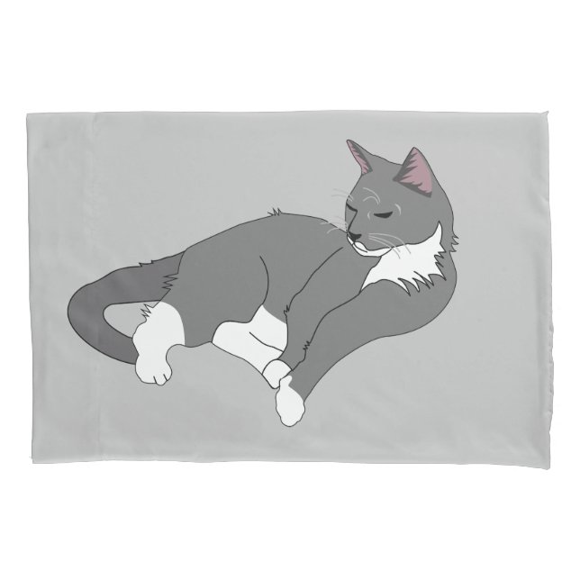 Gray & White Tuxedo Cat Pillow Case (Front)