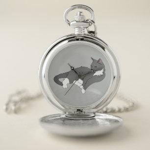 Gray & White Tuxedo Cat Pocket Watch