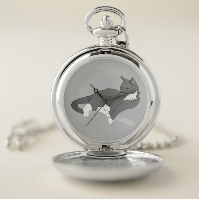 Gray & White Tuxedo Cat Pocket Watch (Inside)