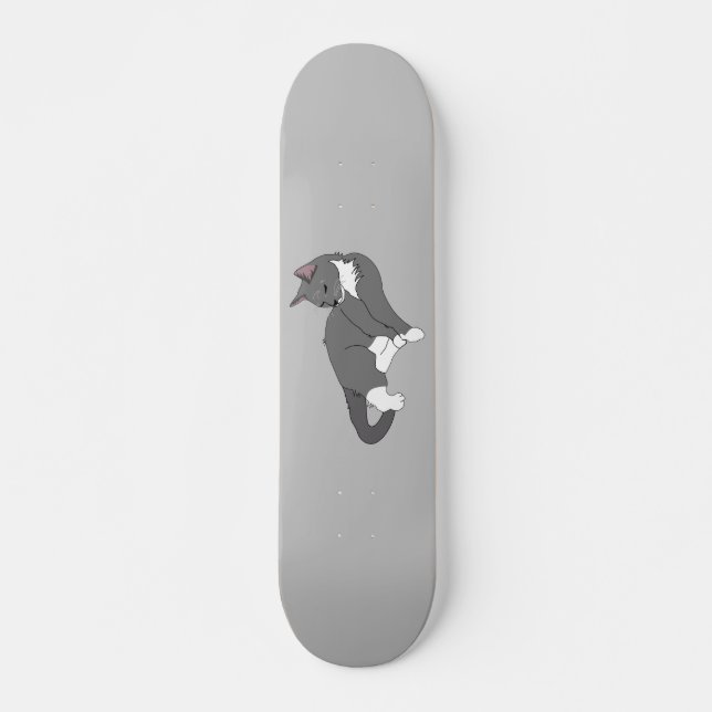 Gray & White Tuxedo Cat Skateboard (Front)