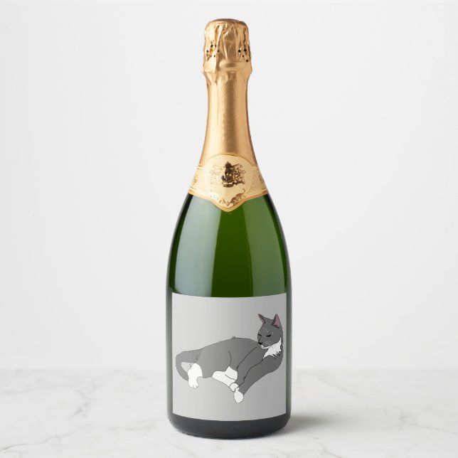 Gray & White Tuxedo Cat Sparkling Wine Label (Front)
