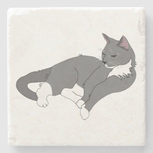 Gray & White Tuxedo Cat Stone Coaster