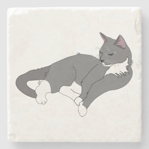 Gray  White Tuxedo Cat Stone Coaster
