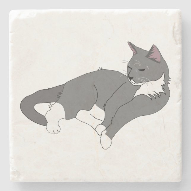 Gray & White Tuxedo Cat Stone Coaster (Front)
