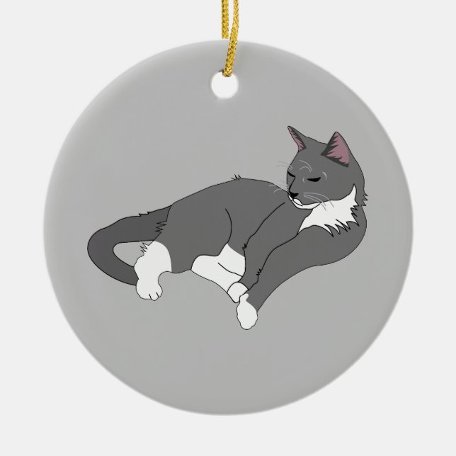 Gray & White Tuxedo Cat T-Shirt Ceramic Ornament (Front)