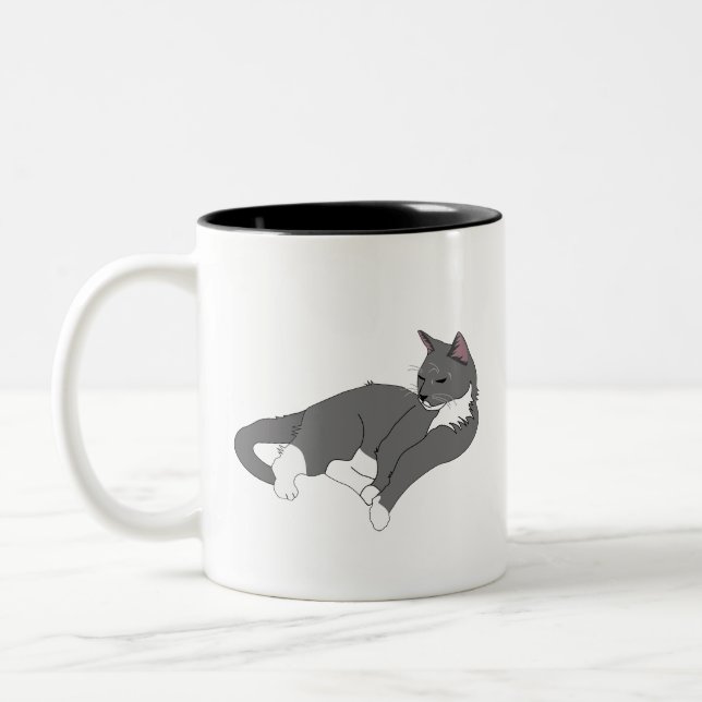 Gray & White Tuxedo Cat Two-Tone Coffee Mug (Left)