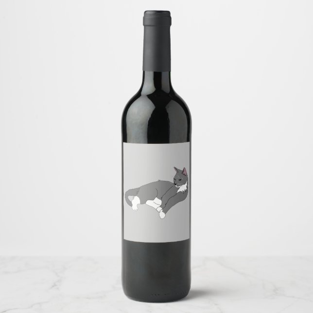 Gray & White Tuxedo Cat Wine Label (Front)