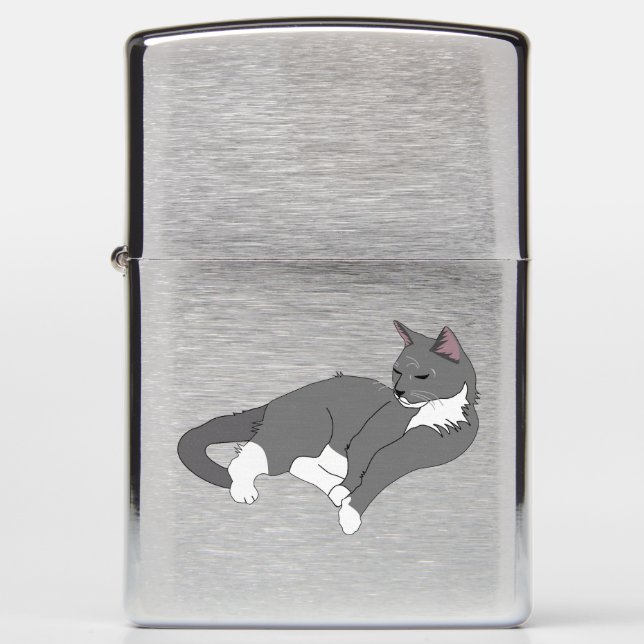 Gray & White Tuxedo Cat Zippo Lighter (Front)
