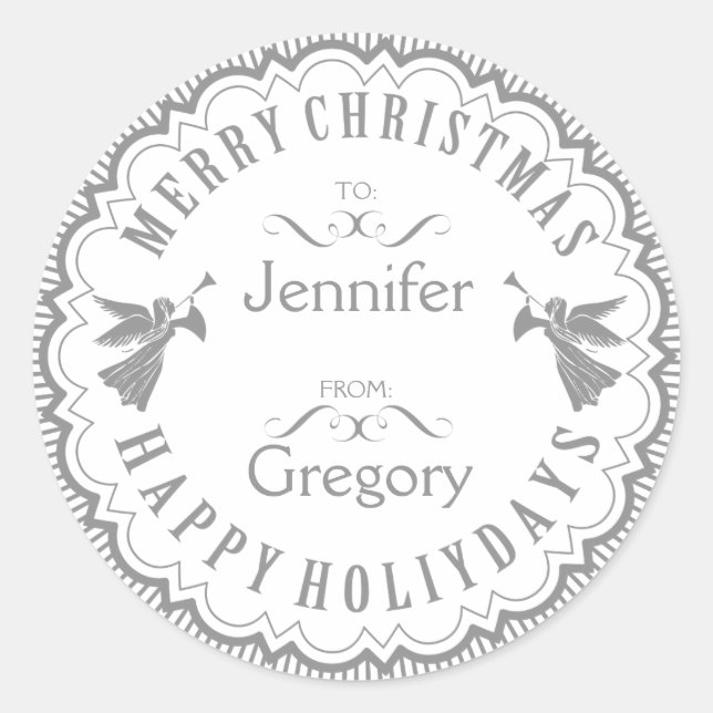 Gray & White Typographical Christmas Design Classic Round Sticker (Front)
