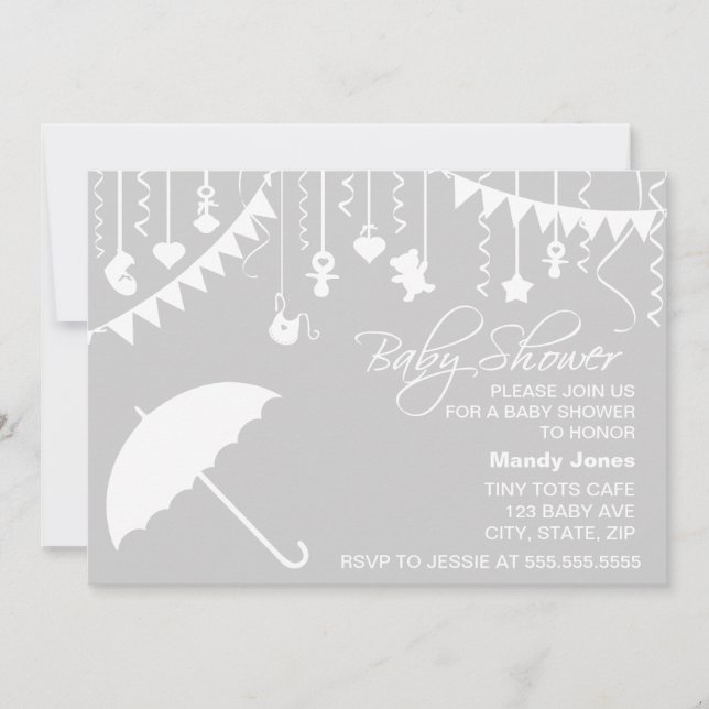 Gray & white umbrella stylish modern baby shower invitation (Front)