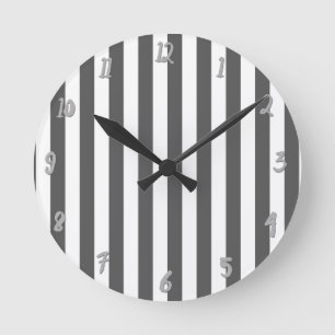 Gray & White Vertical Stripes Chic Personalized Round Clock