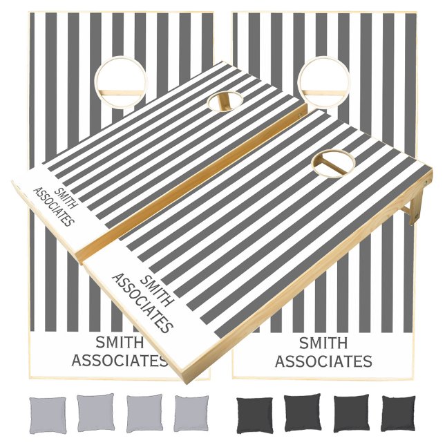 Gray White Vertical Stripes Family Company Name Cornhole Set (Creator Uploaded)