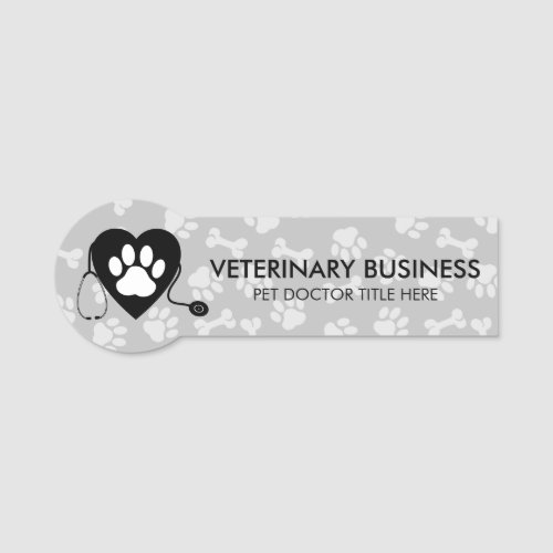 Gray White Veterinarian Paw Heart Stethescope Pet Name Tag