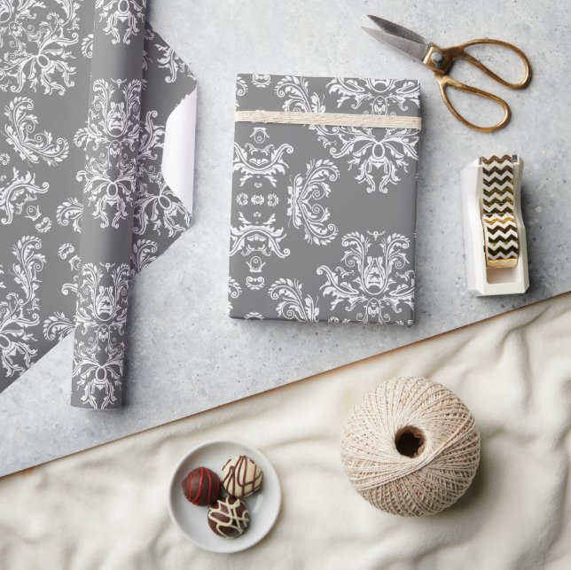 Gray White vintage damask pattern Wrapping Paper (Crafts)