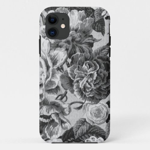 Gray  White Vintage Floral Toile Fabric No1 iPhone 11 Case