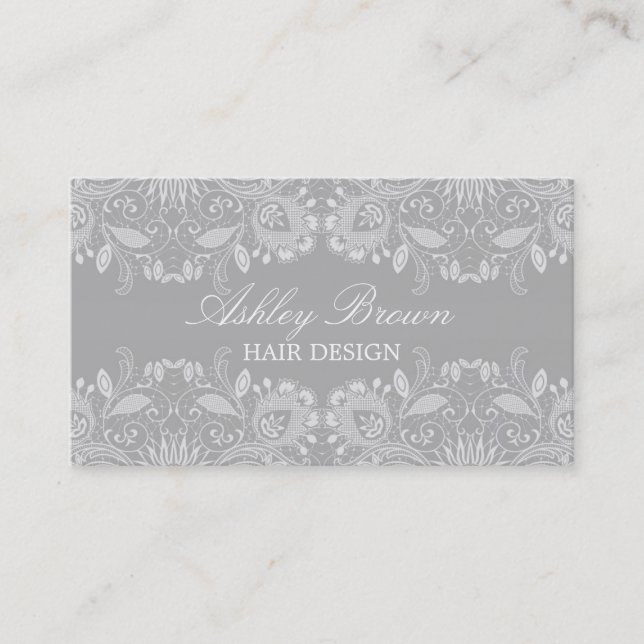 Gray & White Vintage Lace Business Card (Front)