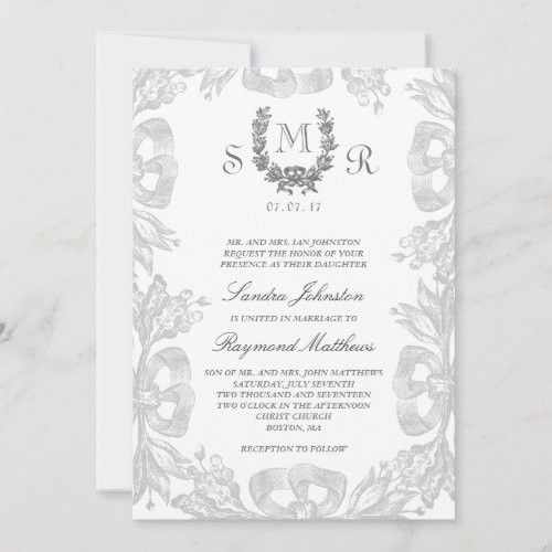 Gray White Vintage Oak Laurel Wedding Invitation
