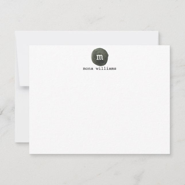 Gray White Watercolor Circle Modern Black Monogram Note Card (Front)
