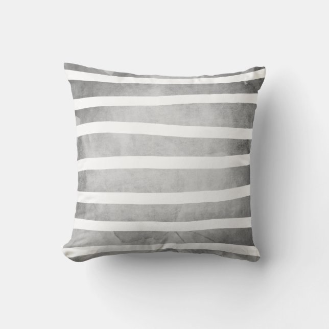Gray White Watercolor Stripes Pattern Throw Pillow (Front)