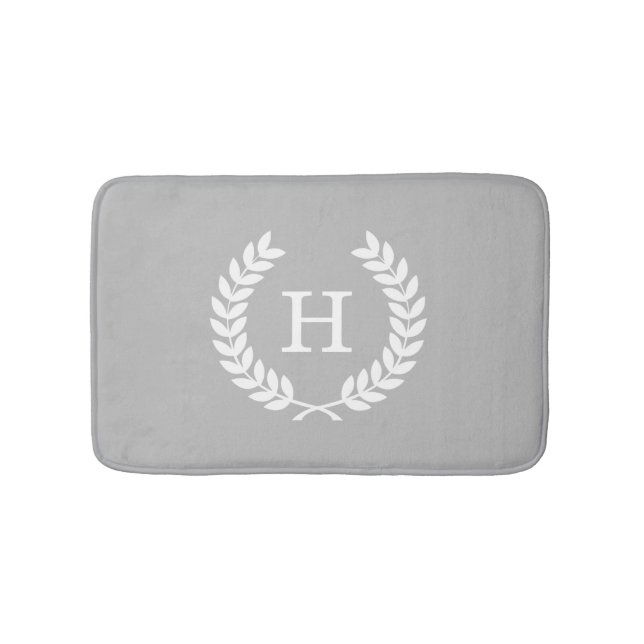 Gray White Wheat Laurel Wreath Initial Monogram Bath Mat (Front)
