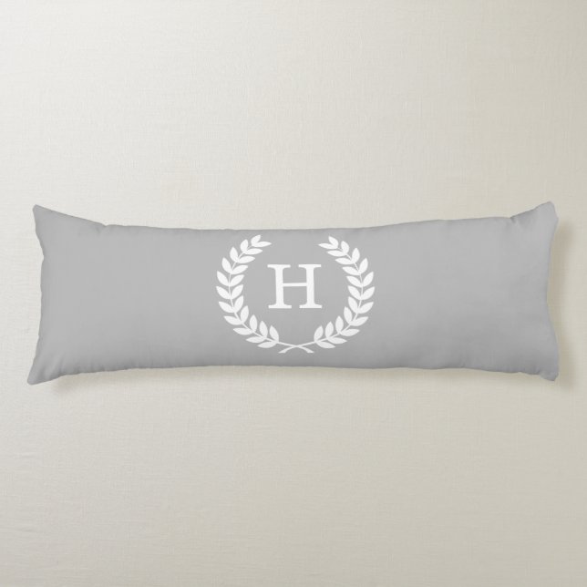 Gray White Wheat Laurel Wreath Initial Monogram Body Pillow (Front)