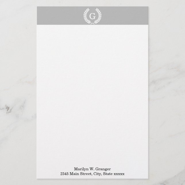 Gray White Wheat Laurel Wreath Initial Monogram Stationery (Front)