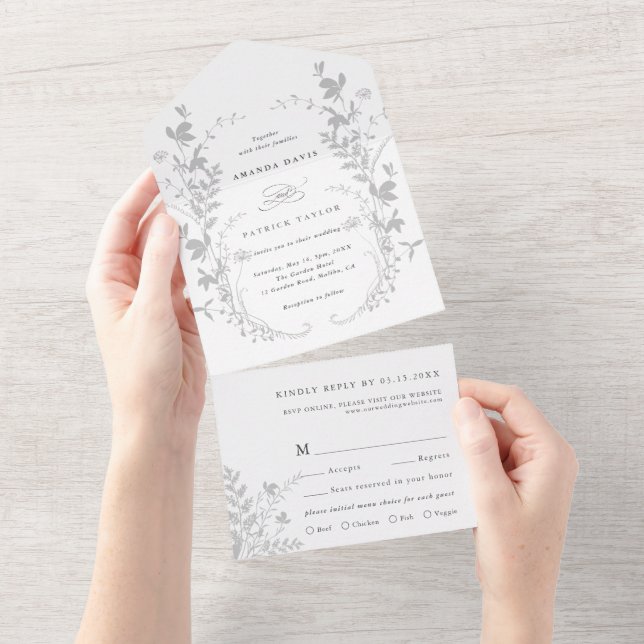 Gray & White Wildflower Silhouette Wreath Wedding  All In One Invitation (Tearaway)