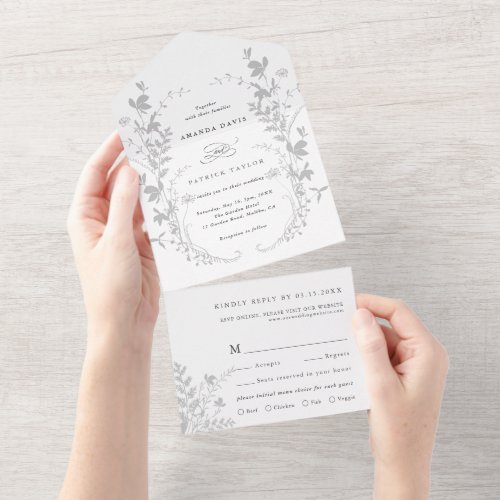 Gray  White Wildflower Silhouette Wreath Wedding  All In One Invitation
