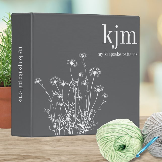 Gray & White Wildflowers Monogram Pattern Keeper 3 Ring Binder (Creator Uploaded)