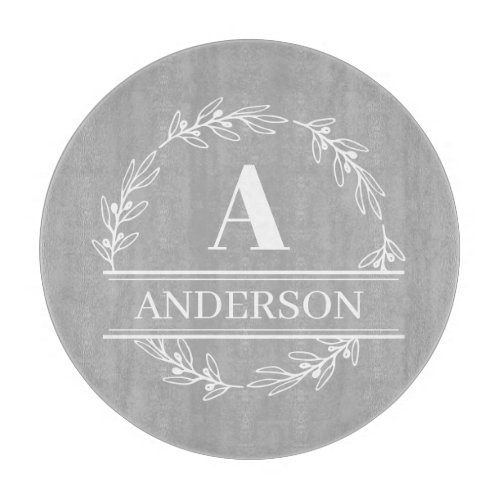 Gray White Wreath Family Name Monogram Cutting Board